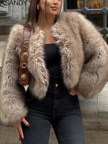 女式圆领宽松短款仿皮草时尚休闲夹克 - 卡其色 - 查看 1