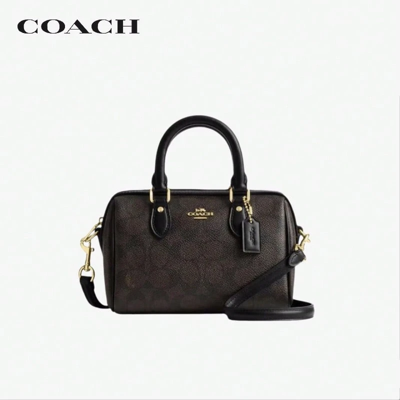 COACH Rowan18 Classic Signature PVC Canvas & Leather Zip Top Satchel Handbag, Small, Brown/Black