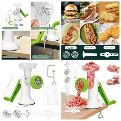 - Picadora manual de carne, picadora de carne resistente, picadora de salchichas, molinillo de mano 3 en 1 con cuchillas de acero inoxidable para carne, salchichas, galletas, verde