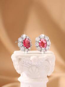 1 par de pendientes de botón de flor con micro-incrustaciones de circonita de lujo y delicados, de cobre, aptos para el uso diario