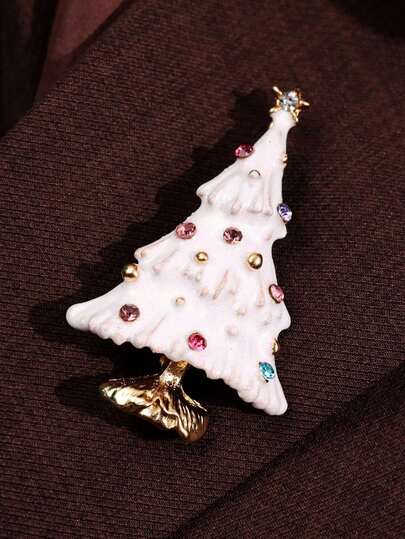 1 broche de liga de árvore de Natal com strass branco, elegante, casual, chique, fofo e minimalista para mulheres, adequado para festas de fim de ano e uso diário