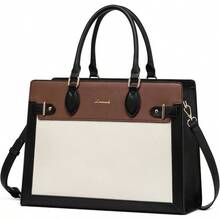 Laptop Bag Women 15.6 Inch Work Tote, Business Computer Briefcase, Waterproof PU Leather Tote Bag Teacher, Office Shoulder Tote Purse - 17吋+黑白棕 - 查看 1