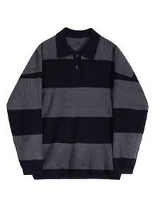 Men's American Street Style Korean Business Casual Commute Versatile Striped Pullover Knit Sweater - 黑色 - 查看 6