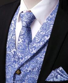 Mens Waistcoat Light Blue  Paisley Flower Vest & Silver Tie Pin & Tie Set Tuxedo Gilet Wedding Formal Casual - 藍色 - 查看 3