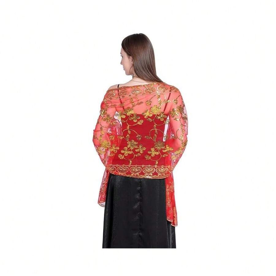 Shawls And Wraps For Evening Dresses,Women Formal 1920s Sequin Flower Sheer Shawls And Wraps For Wedding-{"Color_name":"Red"} - Merah - View 1