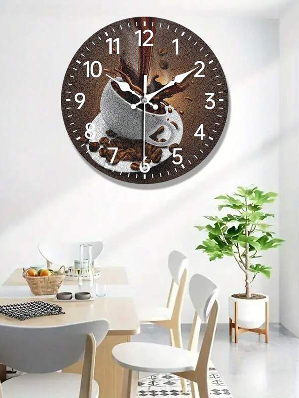 A Wooden Wall Clock With Crackle Print Coffee And Coffee Cup Design, 10-12Inch Silent Quartz Clock, Suitable For Living Room, Kitchen, Bedroom, Dining Room, Office Decoration, Modern Home Art Decoration, Wall Decoration, Gift For Family And Friends