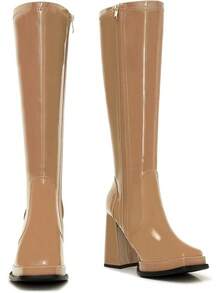 Wide Calf Plus Size Women's 70s Gogo Tall Knee High Square Toe Chunky Heel Retro Fashion Vintage Boots - 棕褐色專利 - 查看 3