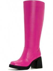 Wide Calf Plus Size Women's 70s Gogo Tall Knee High Square Toe Chunky Heel Retro Fashion Vintage Boots - 粉紅色 - 查看 1