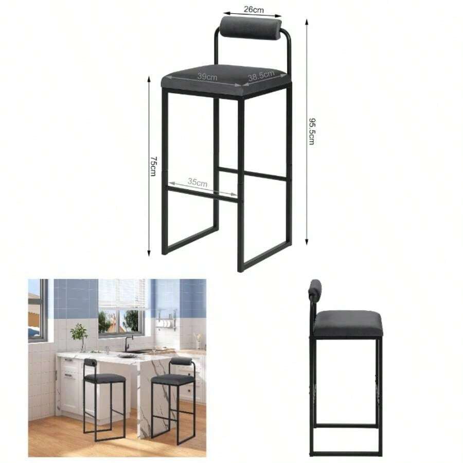Modern Bar Stools Set Of 2, Breakfast Stools With Backrest And Footrest Kitchen, Velvet, Dark - Dark Grey - View 1