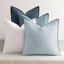 Neutral Linen Pillow Covers Pack Of 4 Decorative Natural Solid Throw Pillow Covers Soft Accent Boho Farmhouse Couch Pillowcases Modern Home Decors Living Room Bed Sofa 18x18 Inch - 18 英吋 x 18 英吋(4 件裝)+ 藍色 - 查看 1