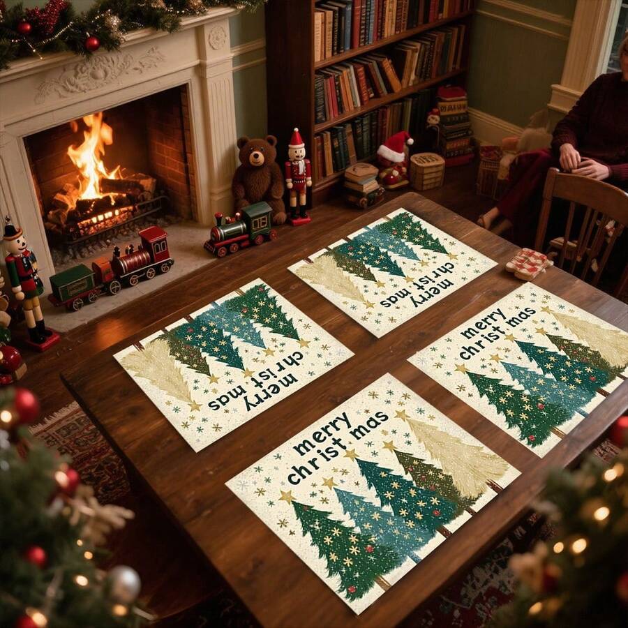 1 pieza/4 piezas/6 piezas/100 piezas Manteles individuales con diseño de árbol de Navidad - Protectores de mesa rectangulares de poliéster lavables a máquina, agarraderas decorativas para el comedor, suministros para fiestas, regalos de Navidad - Multicolor - Ver 1