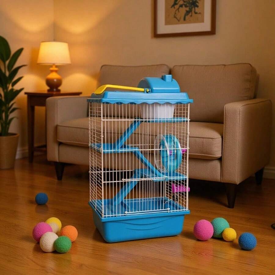 Jaula Premium Para Hámster,Jaula De Hámster De 4 Pisos Con Tobogán Y Hervidor De Agua Blue/marrón,23*17*44cm,Un parque infantil para animales pequeños, fácil de limpiar, resistente y duradero,Portátil y conveniente, la jaula para mascotas es pequeña y exquisita, bien ventilada, fácil de llevar a su mascota al hospital/juego al aire libre. Todo el dispositivo es muy ligero y se puede llevar fácilmente en viajes al aire libre, ya sea en paseos o excursiones. Pintura sin plomo, por lo que no es tóxica para los hámsters.