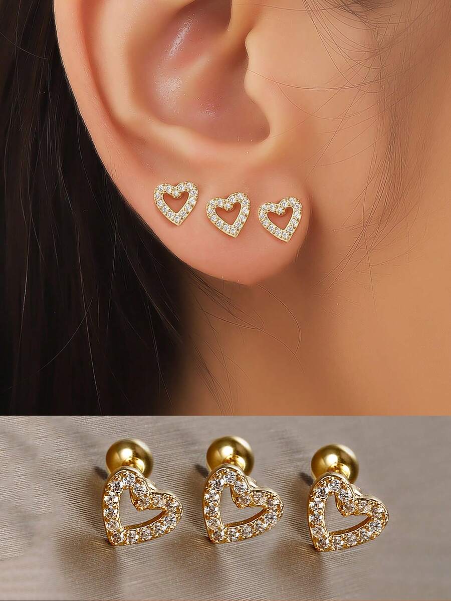 3件套不锈钢马眼锆石花朵耳钉，螺旋球扁平耳环，18K镀金小锆石耳环，适用于耳软骨、耳廓、耳垂穿孔，波西米亚优雅风格 - 金-3# - 查看 1