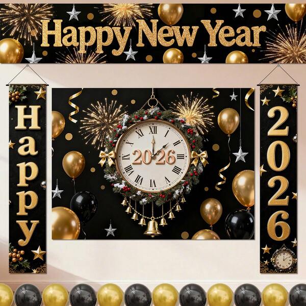 2026 Happy New Year Party Decoration Hanging Cloth Banner With 3D Clock Background