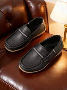 2025新款英伦风儿童休闲百搭软底一脚蹬乐福鞋，带编织带 - 黑色 - 查看 5