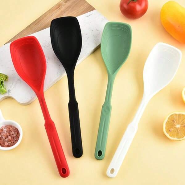 1 szt. Duża silikonowa łyżka kuchenna, solidna łyżka z powłoką nieprzywierającą, głębokim chwytem i oznaczeniami pomiaru do mieszania, karmienia, odcedzania, kopania, drapania, żaroodporne przybory kuchenne