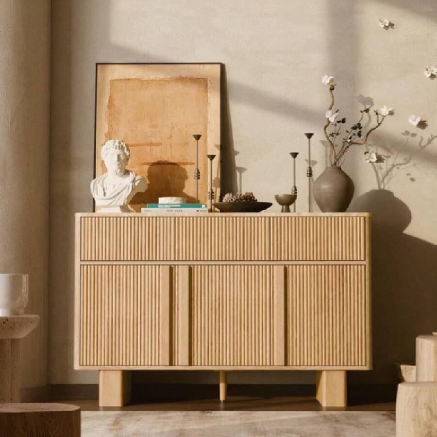 Farmhouse Sideboard Buffet Cabinet With Storage,47" Large Credenza With 3 Reinforced Doors & 3 Drawers,Adjustable Shelves Console Table,Wood Kitchen Coffee Bar For Dining Room,Living Room, Oak,23030425 - 薄荷綠 - 查看 1