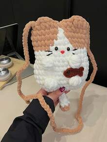 1 pieza Bolso bandolera de punto con diseño de dibujos animados de moda para otoño/invierno, bolso de hombro mini hecho a mano con parches y colores contrastantes, adecuado para atuendos diarios, fiestas, regalo de cumpleaños