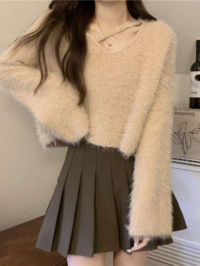 Women's Hanging V-Neck Loose Razor Fit: High-Quality Medium Elastic Knit Pullover For Fall/Winter, Soft And Fluffy Long Sleeve Cozy Casual Top
