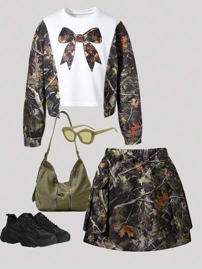 Set 2 buc. fete, hanorac și fustă cu mânecă lungă, cu imprimeu de ramuri de copac ofilite, în culori contrastante, cu buzunare, toamnă/iarnă