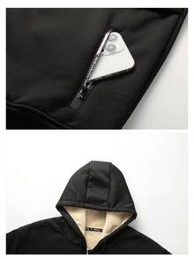 秋冬新款羊羔绒保暖连帽开衫外套 - 黑色 - 查看 6