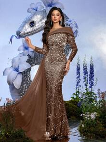 香槟色亮片串珠长袖修身晚礼服，适合正式晚宴、盛大晚会、鸡尾酒会（装饰精美）婚礼春季派对 - 咖啡棕 - 查看 2