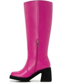 Wide Calf Plus Size Women's 70s Gogo Tall Knee High Square Toe Chunky Heel Retro Fashion Vintage Boots - 粉紅色 - 查看 2