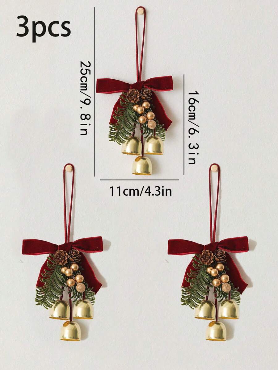 3pcs/Set 16cm*11cm Christmas Decorations, Featuring Small Bells, Velvet Bows, And Pine Cones, Suitable For Scene Decoration, Christmas Tree Decoration, Compact And Exquisite, Ideal For Christmas, Holidays, Home, Bedroom, Autumn And Winter, Also A Great Choice For Christmas Home Decor And Christmas Gifts. - Multicolor - View 1