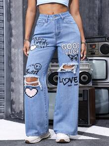 Women's Casual Ripped Straight Leg Denim Jeans With Graphic Print Long Design And Non-Stretch Fabric For Everyday Style - Blue - View 4