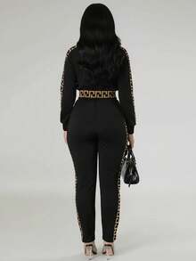 女士街头风字母印花长袖拉链外套和裤子休闲套装，适合秋季和春季穿着，优雅时尚。 - 咖啡棕 - 查看 4