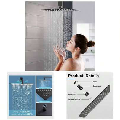 Square Rainfall Shower, 10 Inch Large Overhead Fixed Rain Showerhead With Angle Adjustment, Stainless Steel 304 With Matte Black - Standard Fitting, E