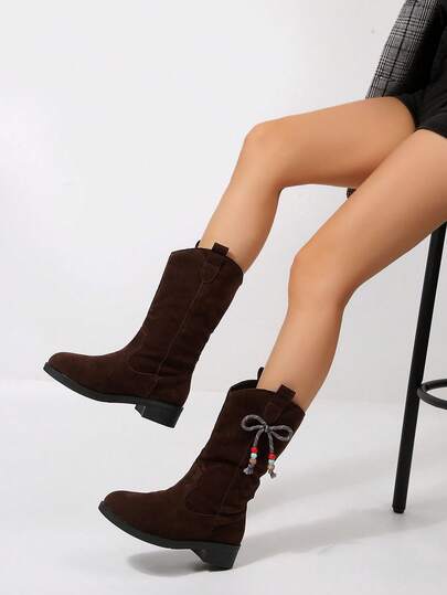 2025 Autumn/Winter New Vintage Brown Suede Braided Fringe Mid-Calf Boots, Bow Decor Classic Versatile, Flat Chunky Heel Retro Casual Women Boots, Popular Design Short Boots, Classic Style