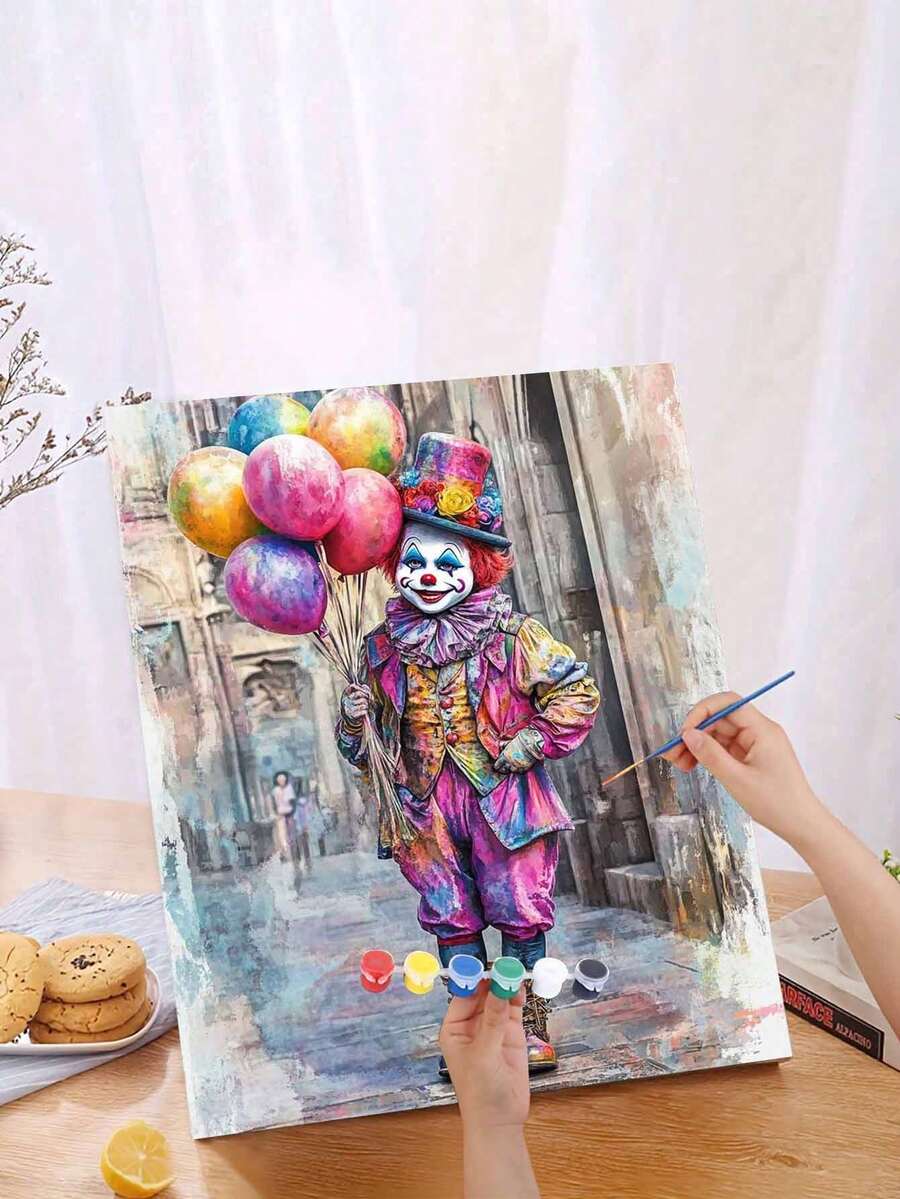 1 Set Beginner DIY Adult Number Painting Kit  Includes Paints, Canvas, Brushes And Instructions | Colorful Clown With Balloons Portrait | 40x50cm/15.7x20in Frameless For Home Decor, Family Activity, Father's Day, Mother's Day, Holiday Gift - Multicolor - View 1
