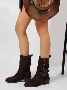 Botas de estilo europeo y americano de caballero romano negro/beige para mujer, botas de moda de unicolor, botas de tobillo casuales con hebilla y tacón grueso, botas de invierno casuales de puntera redonda y tacón grueso. Botas con hebilla de metal de estilo occidental de un solo empuje