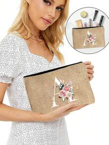 Mini Floral & Letter Print Linen Tote Bag, Women's Fashion Shopping Bag/Handbag/Grocery Bag, Teacher's Portable Tote Bag, Ideal Shopping Tote/Lunch Bag - Khaki - View 7