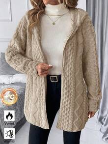 女士秋季连帽纹理羊毛夹克外套，长袖上衣，秋冬服装，休闲简约风格，适合日常穿着 - 卡其色 - 查看 9