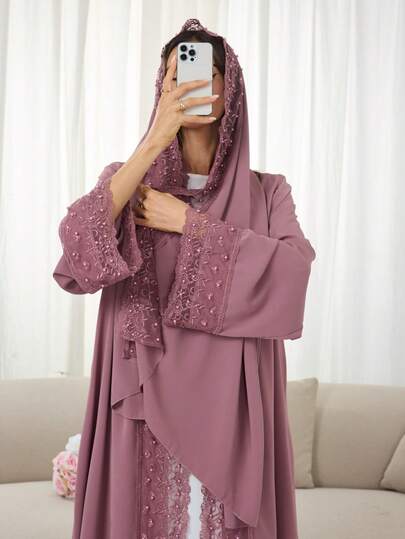 1 套头巾 + 开放式阿巴亚伊斯兰中长连衣裙，土耳其迪拜阿巴亚长袍带头巾，适合穆斯林女性日常穿着