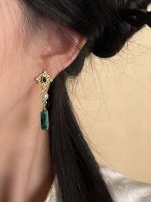 1 对复古新中式风格耳环，采用 925 银针材质，玻璃珍珠，镶嵌锆石和天然石，波西米亚风格耳环，适合女性日常和派对佩戴