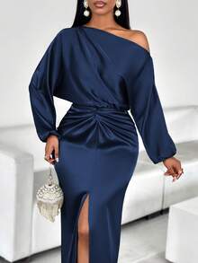 AIJ Amarilo 女士优雅纯色单肩扭结前系带高开衩修身连衣裙，适合春季派对穿着 - 藏蓝色 - 查看 4