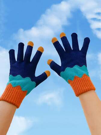 Guantes de punto con bloques de color intarsia para mujeres, guantes de punto con forro térmico cálido para exteriores, aptos para ciclismo, fotografía y uso diario en otoño/invierno, con diseño de dedos para pantalla táctil