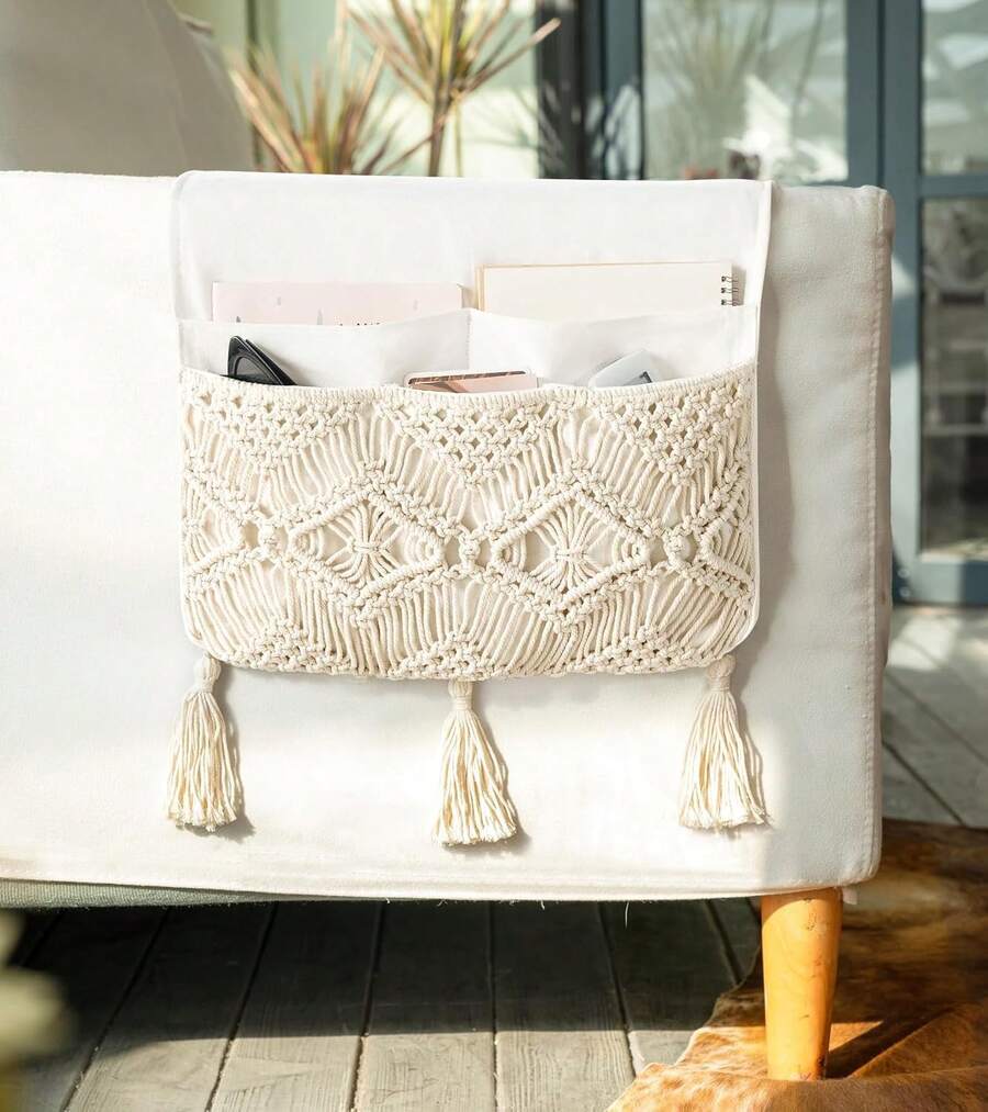 Macrame Sofa Armrest Organizer Remote Control Holder Couch Bedside Armchair Caddy Storage Basket Bag For TV Remote Control, Magazine, Books, Cell Pe, IPad, Boho Home Dorm Dr, Beige, Large,23168521 - Beige - View 1
