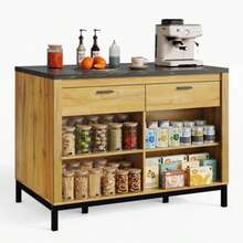 120*75*90cm, Country-Style Kitchen Island – Kitchen Island With 2 Drawers And 4 Open Shelves, Oak Grain Finish, Black Marble Countertop, Metal Frame, Back With Bar Area