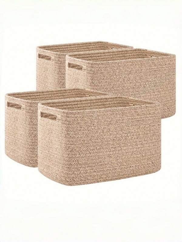 4 Stück natürliche beige gewebte Aufbewahrungskörbe mit Griffen, rechteckige Würfel-Organizer für Regale, 33 cm L x 23 cm B x 20 cm H, gewebtes Design, vielseitige Lösung für die Heimorganisation, Korb-Aufbewahrung, Wäschekörbe
