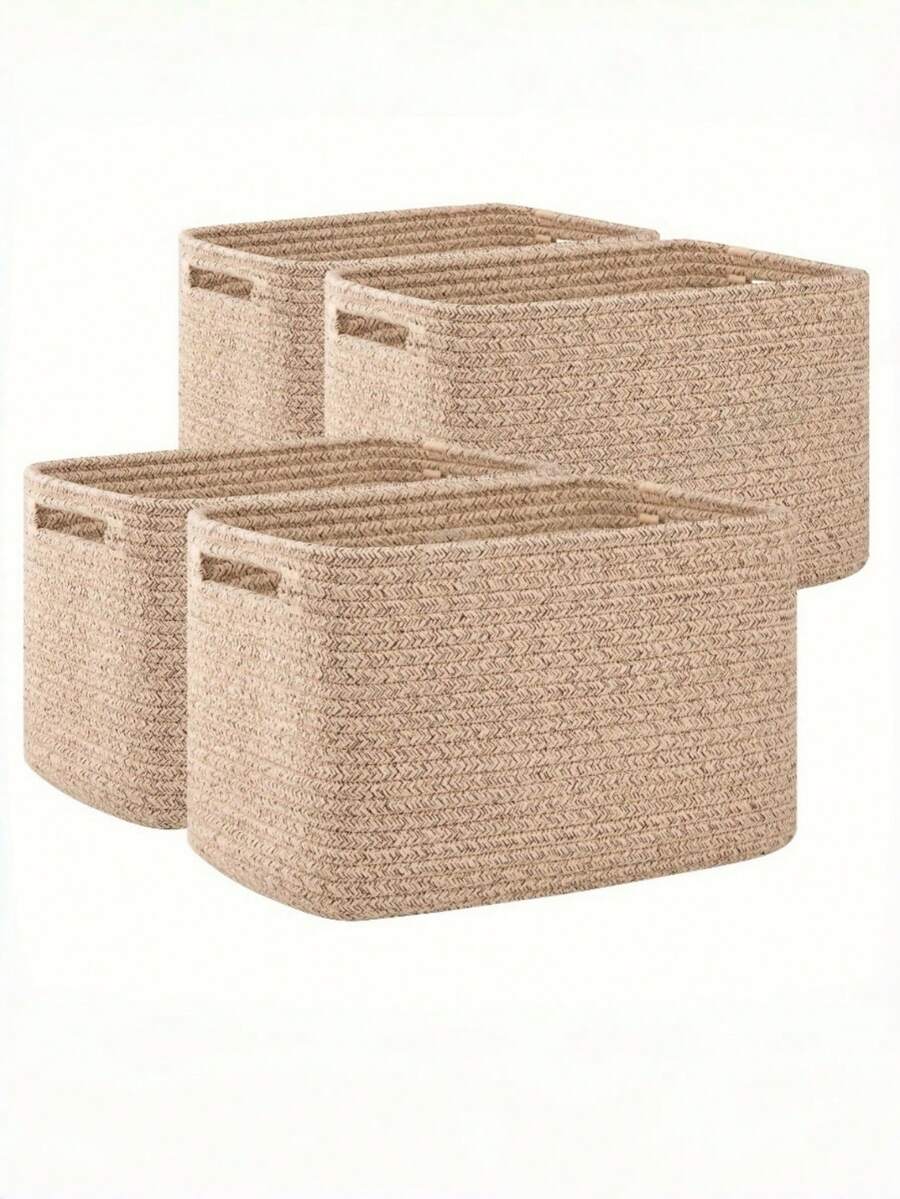 4 Stück natürliche beige gewebte Aufbewahrungskörbe mit Griffen, rechteckige Würfel-Organizer für Regale, 33 cm L x 23 cm B x 20 cm H, strapazierfähiges Geflecht-Design, vielseitige Lösung für die Heimorganisation, Korb-Aufbewahrung, Wäschekörbe, Großraum-Aufbewahrungskorb-Set, zum Aufbewahren von schmutziger Kleidung, Socken, Jeans, Badetüchern, Badezimmer-Utensilien, Weihnachtsgeschenken, Bademänteln, geeignet für Heimspeicherung, Badezimmer-Aufbewahrung