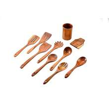 Wooden Utensil Set For Cooking 10Piece Natural Teak Kitchen Utensil Set With Spoon Rest And Utensil Holder  HeatResistant Comfort Grip Wooden Cooking Tools For Nonstick Cookware.