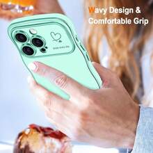 For IPhone 16 Pro Max Case Wave Wavy Phone Cases With Love Heart, Luxury Plating Edge Cute Curly Shape Cover For Women Girls, Thin Slim Soft TPU Rubber Shockproof Protective Cover, Light Green{"Color_name":"LightGreen","Size_name":"ForiPhone16ProMax-6.9inch"} - 多色28 - 查看 3