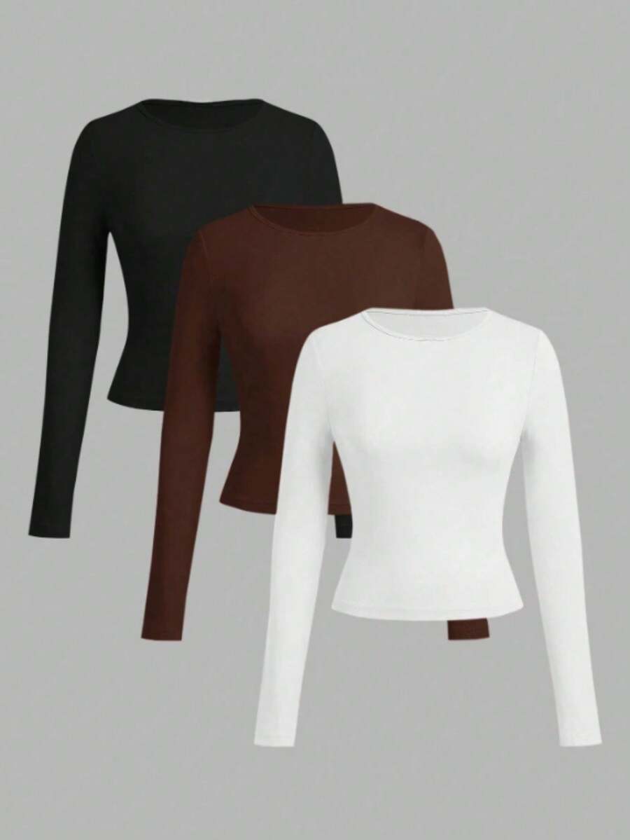 Set Of 3 Women's Second Skin Blouses, Casual Fitted, Round Neck And Long Sleeve, Black/White/Brown, Suitable For Summer - Nâu, đen và trắng - Xem 1