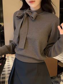 DAZY Áo len nữ họa tiết nơ đơn giản màu trơn mới về, quần áo thu đông cho nữ - màu nâu - Xem 1