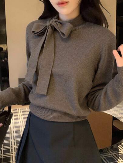 DAZY 新款纯色休闲蝴蝶结装饰女式毛衣，秋季女装