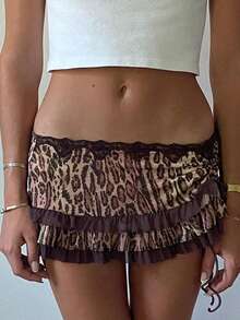 Women Mini Short Skirt Low Waisted Leopard Print Ruffle Lace Edge Fashion Short Skirt - Cà phê nâu - Xem 1